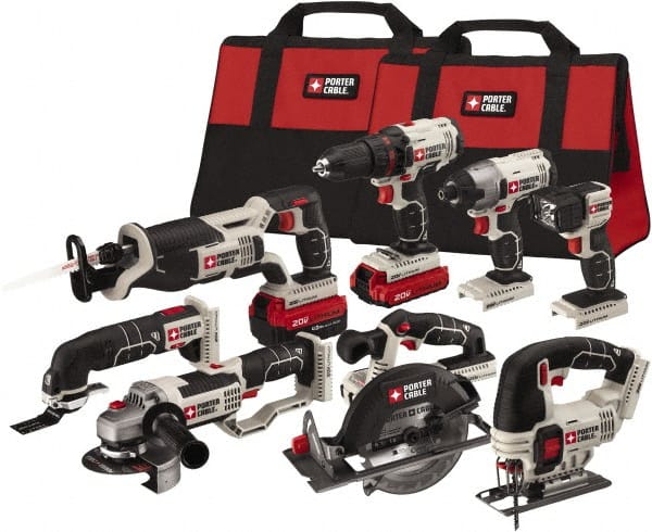 Porter-Cable - 20 Volt Cordless Tool Combination Kit - Includes 1/2" Drill/Driver, 1/4" Impact Driver, 6-1/2" Circular Saw, Reciprocating Tiger Saw, Jig Saw, Oscillating Multi-Tool, Cut-Off Tool/Grinder & Flashlight, Lithium-Ion Battery Included - Exact Tooling
