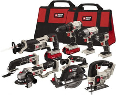 Porter-Cable - 20 Volt Cordless Tool Combination Kit - Includes 1/2" Drill/Driver, 1/4" Impact Driver, 6-1/2" Circular Saw, Reciprocating Tiger Saw, Jig Saw, Oscillating Multi-Tool, Cut-Off Tool/Grinder & Flashlight, Lithium-Ion Battery Included - Exact Tooling