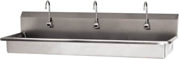 SANI-LAV - 65" Long x 16-1/2" Wide Inside, 1 Compartment, Grade 304 Stainless Steel (3) Person Wash-Station with Manual Faucet - 16 Gauge, 68" Long x 20" Wide x 21-1/2" High Outside, 5-1/2" Deep - Exact Tooling