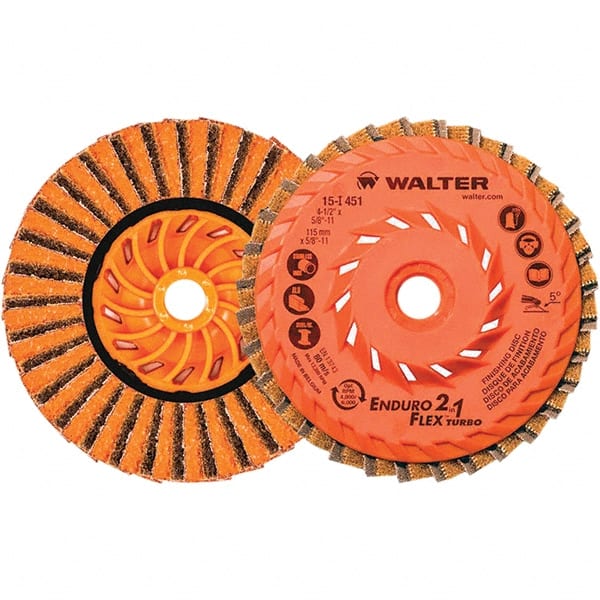 WALTER Surface Technologies - 4-1/2" Disc Diam, 5/8-11 Center Hole, Type 27 Ceramic Flap Disc - 13,300 Max RPM, Plastic Backing, Arbor Attaching System, Non-Woven - Exact Tooling