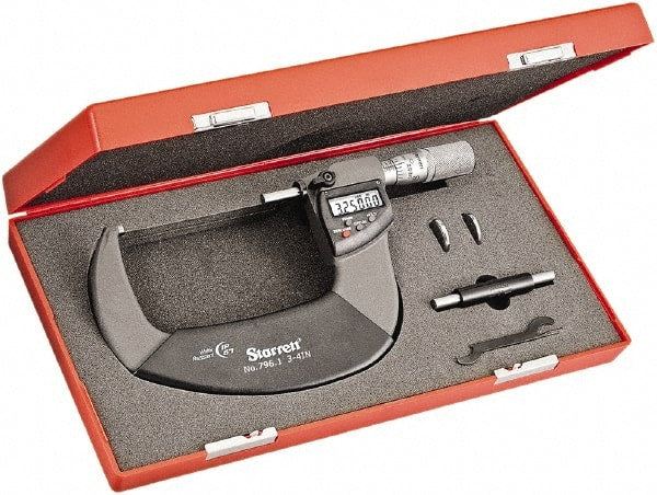 Starrett - 3 to 4" Range, Standard Throat IP67 Electronic Outside Micrometer - Friction Thimble, Carbide Face, CR2032 Battery - Exact Tooling