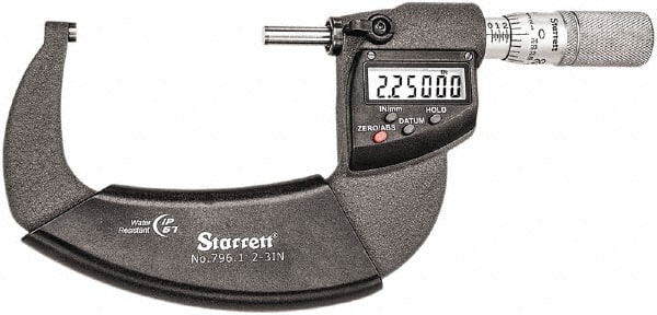 Starrett - 2 to 3" Range, Standard Throat IP67 Electronic Outside Micrometer - Friction Thimble, Carbide Face, CR2032 Battery - Exact Tooling