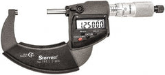 Starrett - 1 to 2" Range, Standard Throat IP67 Electronic Outside Micrometer - Ratchet Stop Thimble, Carbide Face, CR2032 Battery - Exact Tooling