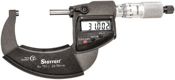 Starrett - Standard Throat IP67 Electronic Outside Micrometer - Ratchet Stop Thimble, Carbide Face, CR2032 Battery - Exact Tooling