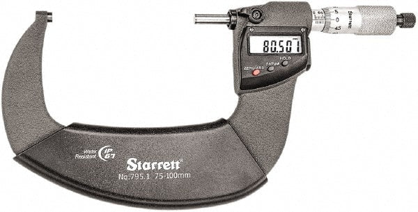 Starrett - Standard Throat IP67 Electronic Outside Micrometer - Ratchet Stop Thimble, Carbide Face, CR2032 Battery - Exact Tooling