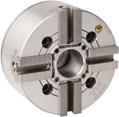 Bison - 4 Jaw, 12.4" Chuck Diam, Plain Back Mount, 91mm Through Hole Diam, Drawtube Hydraulic Power Lathe Chuck - 1.5mm x 60° Serrated Jaw Interface, 1.5748 to 11.9291" Jaw Capacity, 2,800 RPM, High Speed Steel Body - Exact Tooling