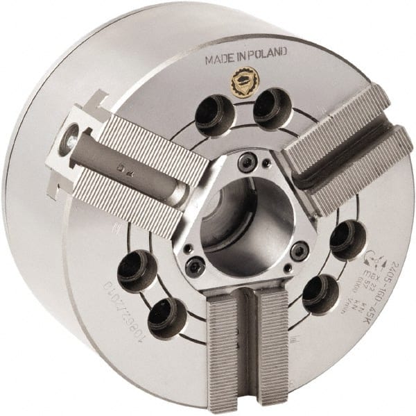 Bison - 3 Jaw, 10" Chuck Diam, Plain Back Mount, 75mm Through Hole Diam, Drawtube Hydraulic Power Lathe Chuck - 1.5mm x 60° Serrated Jaw Interface, 0.8661 to 9.8031" Jaw Capacity, 4,200 RPM, High Speed Steel Body - Exact Tooling