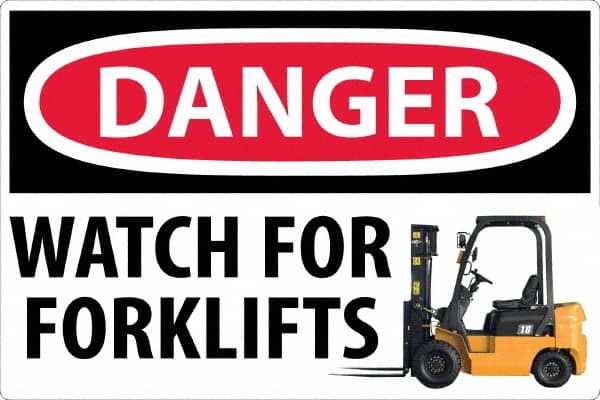 NMC - "Danger - Watch For Forklifts", 24" Long x 36" Wide, Sportwalk Safety Sign - Rectangle, 0.005" Thick, Use for Workplace/Safety - Exact Tooling