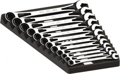 SK - 12 Piece, 8mm to 19mm, 6 Point Ratcheting Combination Wrench Set - Metric Measurement Standard, Full Polish Chrome Finish, Comes in Plastic Tray - Exact Tooling