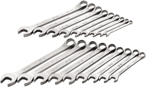 SK - 18 Piece, 1/4" to 3/4" (10mm to 18mm), 12 Point Combination Wrench Set - Inch/Metric Measurement Standard, Full Polish Chrome Finish, Comes in Roll-Up Pouch - Exact Tooling