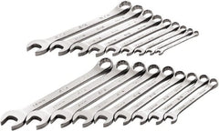 SK - 18 Piece, 1/4" to 3/4" (10mm to 18mm), 12 Point Combination Wrench Set - Inch/Metric Measurement Standard, Full Polish Chrome Finish, Comes in Roll-Up Pouch - Exact Tooling