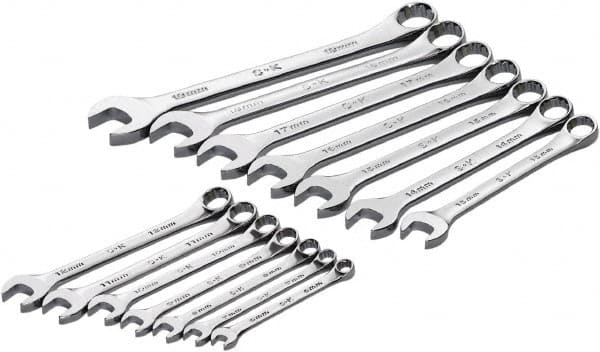 SK - 14 Piece, 6mm to 19mm, 12 Point Combination Wrench Set - Metric Measurement Standard, Full Polish Chrome Finish, Comes in Roll-Up Pouch - Exact Tooling