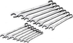 SK - 14 Piece, 6mm to 19mm, 12 Point Combination Wrench Set - Metric Measurement Standard, Full Polish Chrome Finish, Comes in Roll-Up Pouch - Exact Tooling