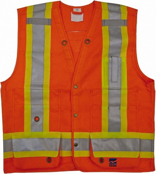Viking - Size M High Visibility Orange Solid Surveyor's Vest - 40" Chest, CSA Z96-09 Class 2, Level 2, ANSI 107-2010 Class 2, Level 2, Snaps Closure, 8 Pockets, Polyester - Exact Tooling