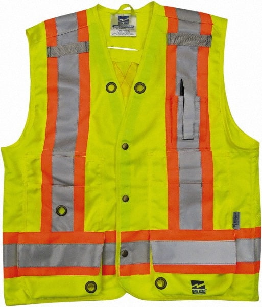 Viking - Size 3XL High Visibility Lime Solid Surveyor's Vest - 55" Chest, CSA Z96-09 Class 2, Level 2, ANSI 107-2010 Class 2, Level 2, Snaps Closure, 8 Pockets, Polyester - Exact Tooling