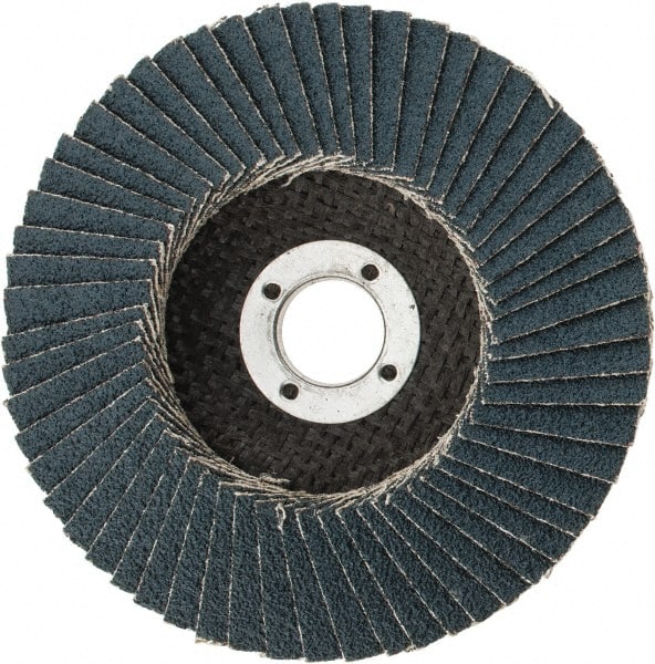 3M - 60 Grit, 4" Disc Diam, 5/8" Center Hole, Type 29 Zirconia Alumina Flap Disc - 13,300 Max RPM, Cloth Backing, Arbor Attaching System, Coated - Exact Tooling