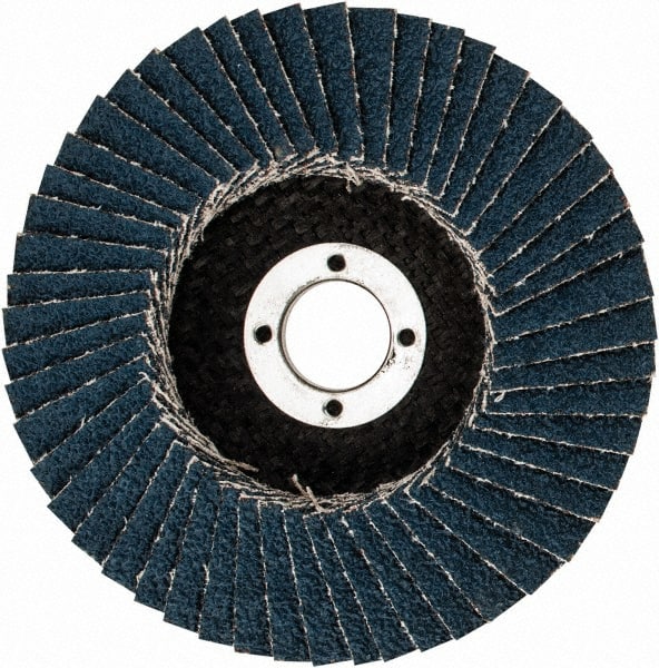 3M - 40 Grit, 4" Disc Diam, 5/8" Center Hole, Type 29 Zirconia Alumina Flap Disc - 13,300 Max RPM, Cloth Backing, Arbor Attaching System, Coated - Exact Tooling