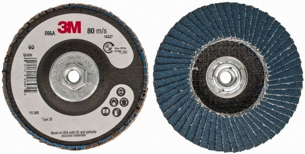 3M - 60 Grit, 4" Disc Diam, 3/8-24 Center Hole, Type 29 Zirconia Alumina Flap Disc - 13,300 Max RPM, Cloth Backing, Arbor Attaching System, Coated - Exact Tooling