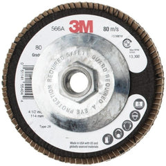 3M - 80 Grit, 4-1/2" Disc Diam, 5/8-11 Center Hole, Type 29 Zirconia Alumina Flap Disc - 13,300 Max RPM, Cloth Backing, Arbor Attaching System, Coated - Exact Tooling
