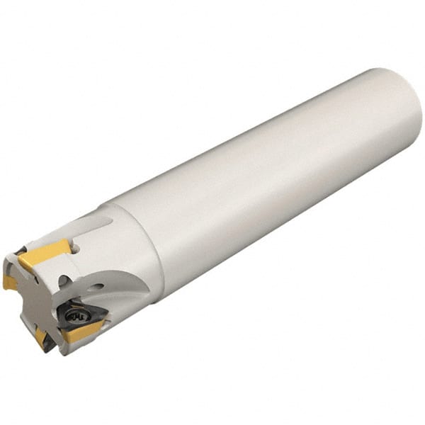 Iscar - 40mm Cut Diam, 8mm Max Depth of Cut, 32mm Shank Diam, 110mm OAL, Indexable Square Shoulder Helical End Mill - HM390 TPKT 1003PDR Inserts, Weldon Shank, 0° Lead Angle, Through Coolant, Series HeliIQMill - Exact Tooling