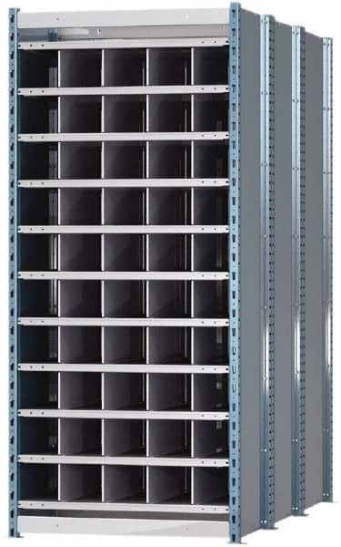 Hallowell - 50 Bin Heavy-Duty Deep Bin Industrial Shelving - 36 Inch Overall Width x 72 Inch Overall Depth x 87 Inch Overall Height, Blue and Platinum Steel Bins - Exact Tooling