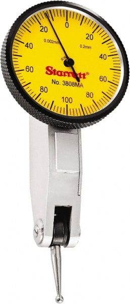 Starrett - 0.2 mm Range, 0.002 mm Dial Graduation, Horizontal Dial Test Indicator - 1-1/4 Inch Yellow Dial, 0-100-0 Dial Reading - Exact Tooling