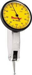 Starrett - 0.2 mm Range, 0.002 mm Dial Graduation, Horizontal Dial Test Indicator - 1-1/4 Inch Yellow Dial, 0-100-0 Dial Reading - Exact Tooling