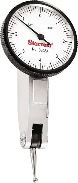 Starrett - 0.008 Inch Range, 0.0001 Inch Dial Graduation, Horizontal Dial Test Indicator - 1-1/4 Inch White Dial, 0-4-0 Dial Reading - Exact Tooling