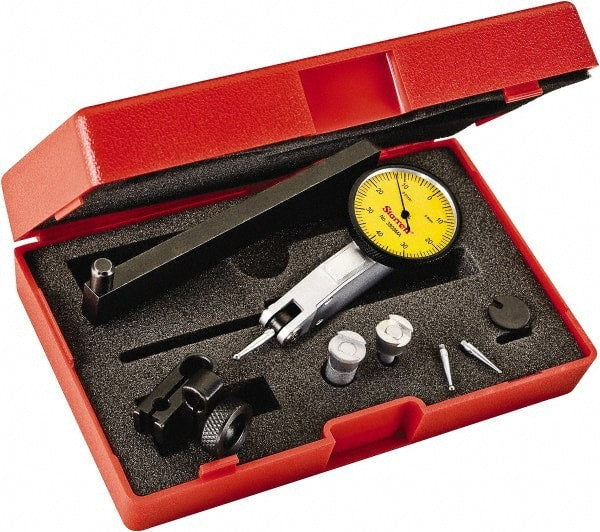 Starrett - 0.8 mm Range, 0.01 mm Dial Graduation, Horizontal Dial Test Indicator - 1-1/4 Inch Yellow Dial, 0-40-0 Dial Reading - Exact Tooling