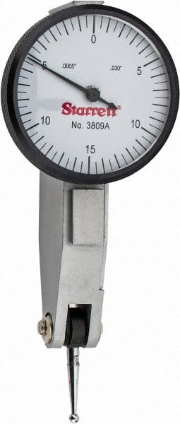 Starrett - 0.03 Inch Range, 0.0005 Inch Dial Graduation, Horizontal Dial Test Indicator - 1-1/4 Inch White Dial, 0-15-0 Dial Reading - Exact Tooling