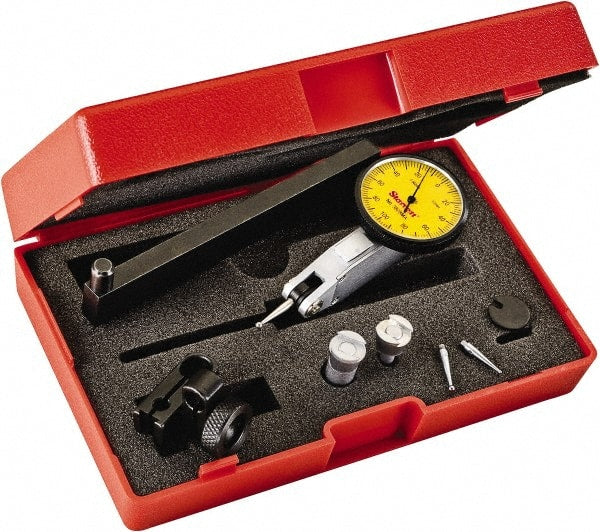 Starrett - 0.2 mm Range, 0.002 mm Dial Graduation, Horizontal Dial Test Indicator - 1-1/4 Inch Yellow Dial, 0-100-0 Dial Reading - Exact Tooling