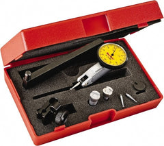 Starrett - 0.2 mm Range, 0.002 mm Dial Graduation, Horizontal Dial Test Indicator - 1-1/4 Inch Yellow Dial, 0-100-0 Dial Reading - Exact Tooling