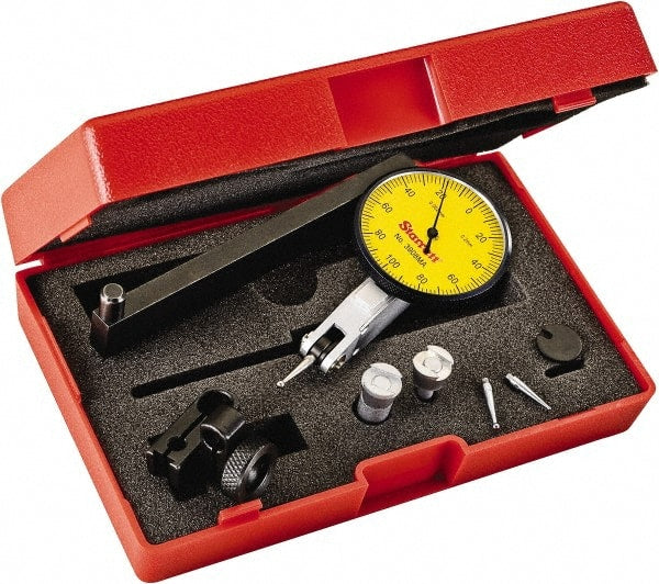 Starrett - 0.2 mm Range, 0.002 mm Dial Graduation, Horizontal Dial Test Indicator - 1-9/16 Inch Yellow Dial, 0-100-0 Dial Reading - Exact Tooling