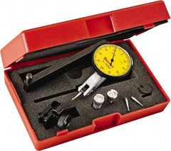 Starrett - 0.2 mm Range, 0.002 mm Dial Graduation, Horizontal Dial Test Indicator - 1-9/16 Inch Yellow Dial, 0-100-0 Dial Reading - Exact Tooling