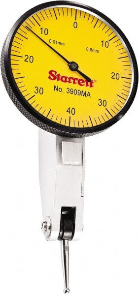 Starrett - 0.8 mm Range, 0.01 mm Dial Graduation, Horizontal Dial Test Indicator - 1-9/16 Inch Yellow Dial, 0-40-0 Dial Reading - Exact Tooling