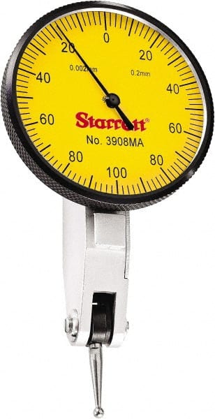 Starrett - 0.2 mm Range, 0.002 mm Dial Graduation, Horizontal Dial Test Indicator - 1-9/16 Inch Yellow Dial, 0-100-0 Dial Reading - Exact Tooling