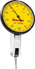 Starrett - 0.2 mm Range, 0.002 mm Dial Graduation, Horizontal Dial Test Indicator - 1-9/16 Inch Yellow Dial, 0-100-0 Dial Reading - Exact Tooling