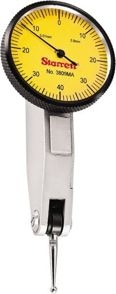 Starrett - 0.8 mm Range, 0.01 mm Dial Graduation, Horizontal Dial Test Indicator - 1-1/4 Inch Yellow Dial, 0-40-0 Dial Reading - Exact Tooling