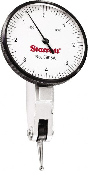 Starrett - 0.008 Inch Range, 0.0001 Inch Dial Graduation, Horizontal Dial Test Indicator - 1-9/16 Inch White Dial, 0-4-0 Dial Reading - Exact Tooling