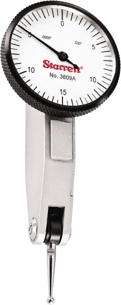 Starrett - 0.03 Inch Range, 0.0005 Inch Dial Graduation, Horizontal Dial Test Indicator - 1-9/16 Inch White Dial, 0-15-0 Dial Reading - Exact Tooling