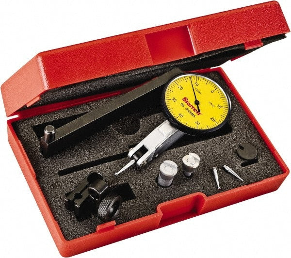 Starrett - 0.8 mm Range, 0.01 mm Dial Graduation, Horizontal Dial Test Indicator - 1-9/16 Inch Yellow Dial, 0-40-0 Dial Reading - Exact Tooling