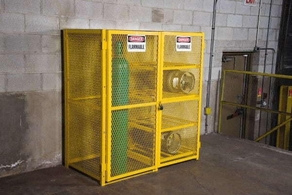 Illinois Engineered Products - 4 Shelf Gas Cylinder Storage Cabinet - Steel, 60" Wide x 33-1/2" Deep x 65" High, Yellow - Exact Tooling