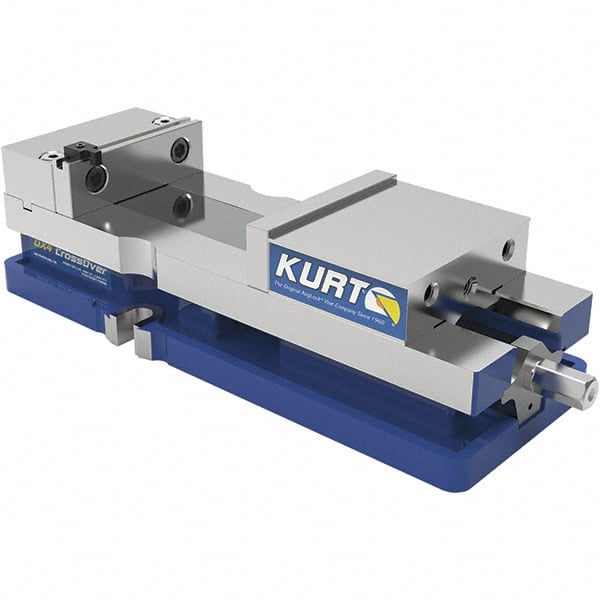 Kurt - 4" Jaw Width, 6-1/2" Jaw Opening Capacity, Horizontal Stationary Machine Vise - Reverse Manual Operation, 60 Lb Capacity, 1 Station, 14.56" Long x 84.47mm High x 1-15/64" Deep, 1.235" Jaw Height, 7,500 Lb Max Clamp Force, Ductile Iron - Exact Tooling