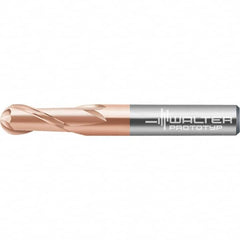 Walter-Prototyp - 8mm Diam, 6.4mm LOC, 4 Flute Solid Carbide Ball End Mill - AlTiN Finish, Single End, 63mm OAL, 8mm Shank Diam, Spiral Flute - Exact Tooling