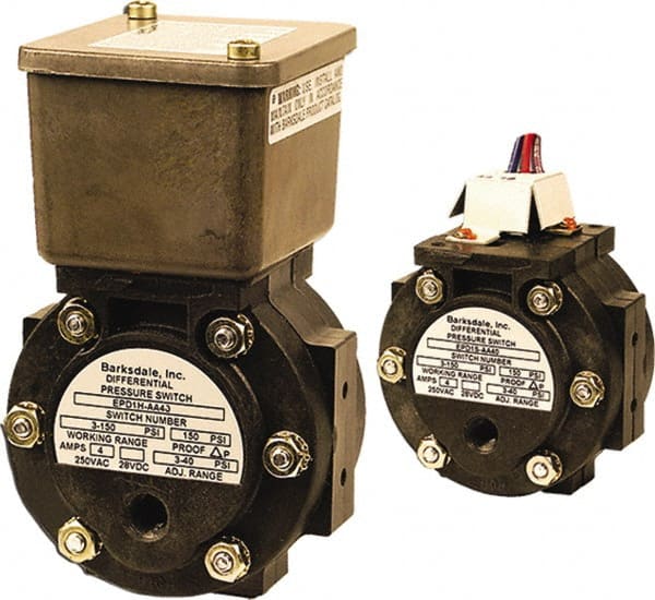 Barksdale - 3 to 40 psi Adjustable Range, 150 Max psi, Differential Pressure Switch - 1/8 NPT Female, 12in Free Leads, SPDT Contact, Polysulfone Wetted Parts, 5% Repeatability - Exact Tooling