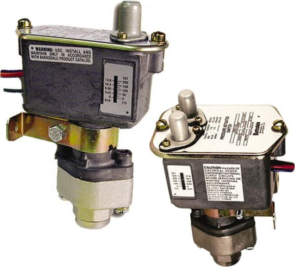 Barksdale - 35 to 400 psi Adjustable Range, 3,000 Max psi, Sealed Piston Pressure Switch - 1/4 NPT Female, 18in Free Leads, SPDT Contact, Nickel Plated Al Wetted Parts, 2% Repeatability - Exact Tooling