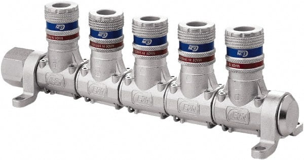 CEJN - 1/2" Inlet, 1/4" Outlet Manifold - 8-1/2" Long x 2.28" Wide x 2.7" High, 0.245" Mount Hole, 212°F Max, 230 Max PSI, 1 Inlet Port, 5 Outlet Ports - Exact Tooling