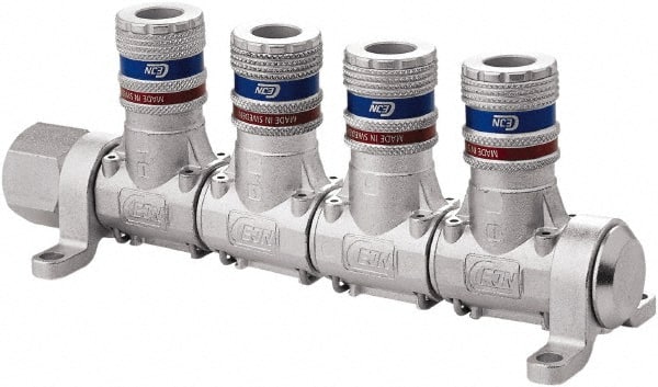 CEJN - 1/2" Inlet, 1/4" Outlet Manifold - 7" Long x 2.28" Wide x 2.7" High, 0.245" Mount Hole, 212°F Max, 230 Max PSI, 1 Inlet Port, 4 Outlet Ports - Exact Tooling