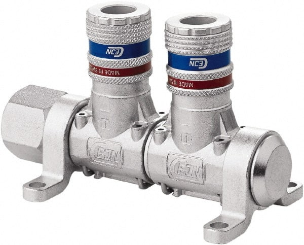 CEJN - 1/2" Inlet, 1/4" Outlet Manifold - 4.4" Long x 2.28" Wide x 2.7" High, 0.245" Mount Hole, 212°F Max, 230 Max PSI, 1 Inlet Port, 2 Outlet Ports - Exact Tooling