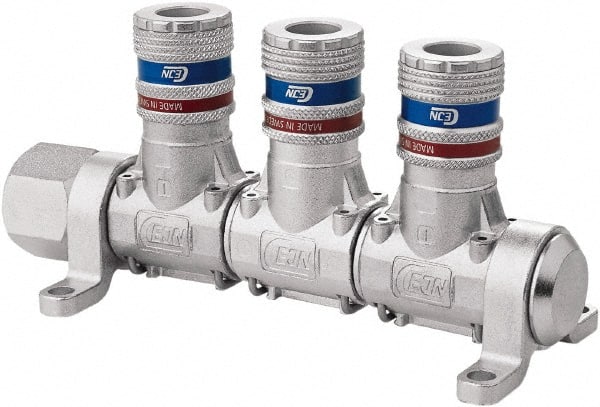 CEJN - 1/2" Inlet, 1/4" Outlet Manifold - 5-3/4" Long x 2.28" Wide x 2.7" High, 0.245" Mount Hole, 212°F Max, 230 Max PSI, 1 Inlet Port, 3 Outlet Ports - Exact Tooling